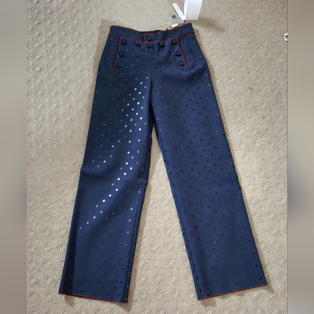 Marc Jacobs Runway $1900 Wide Leg High Waist Flare Dot Wool Pant XS 2 navy